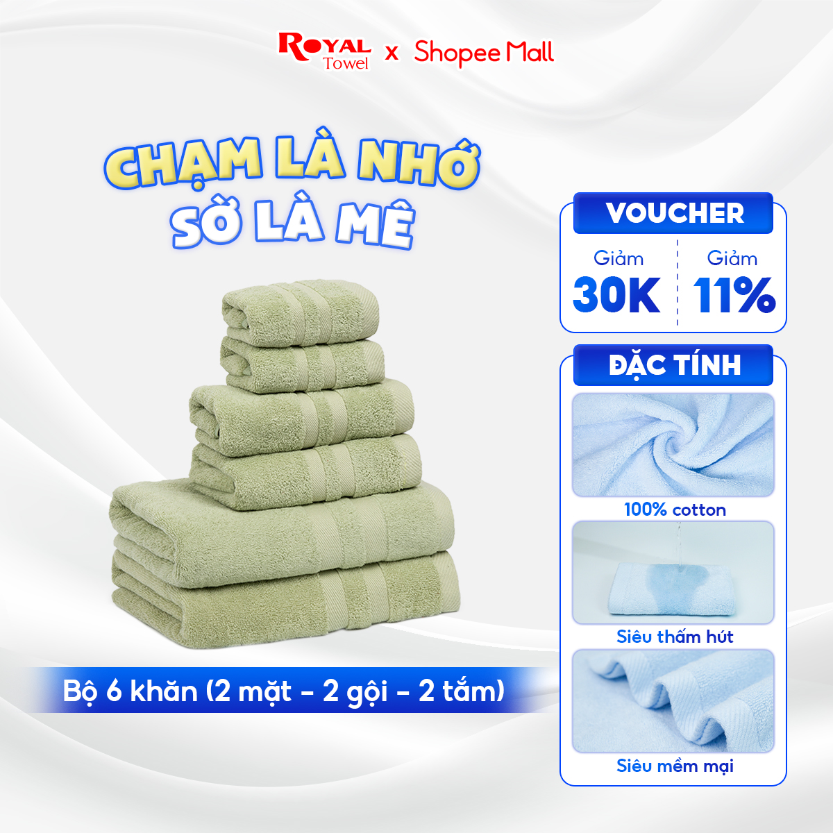 Combo 6 khăn royal towel 2 khăn tắm, 2 khăn lau đầu, 2 khăn mặt mềm mại, thấm hút, kháng khuẩn