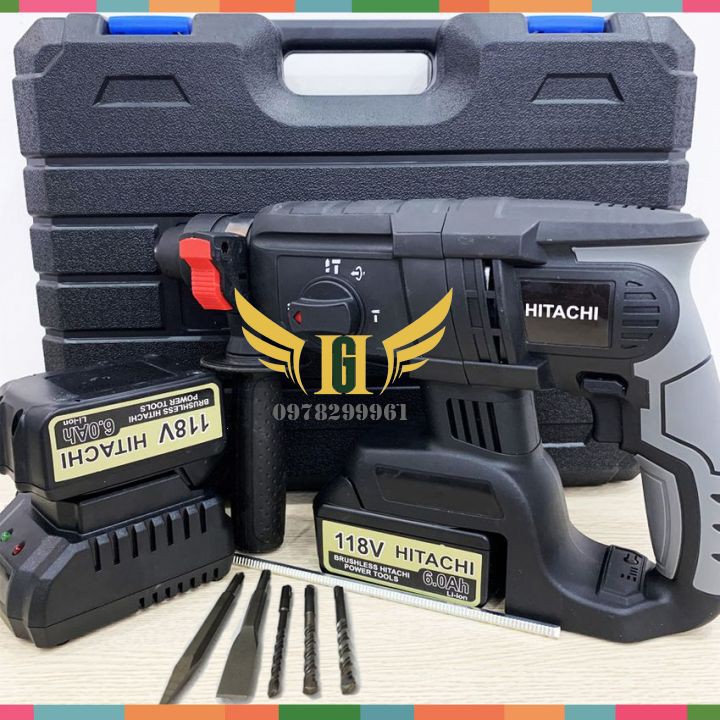 Máy Khoan Đục Bê Tông Hitachi 118V, không chổi than 2 Pin+Tặng Mũi Khoan Đục Như Hình