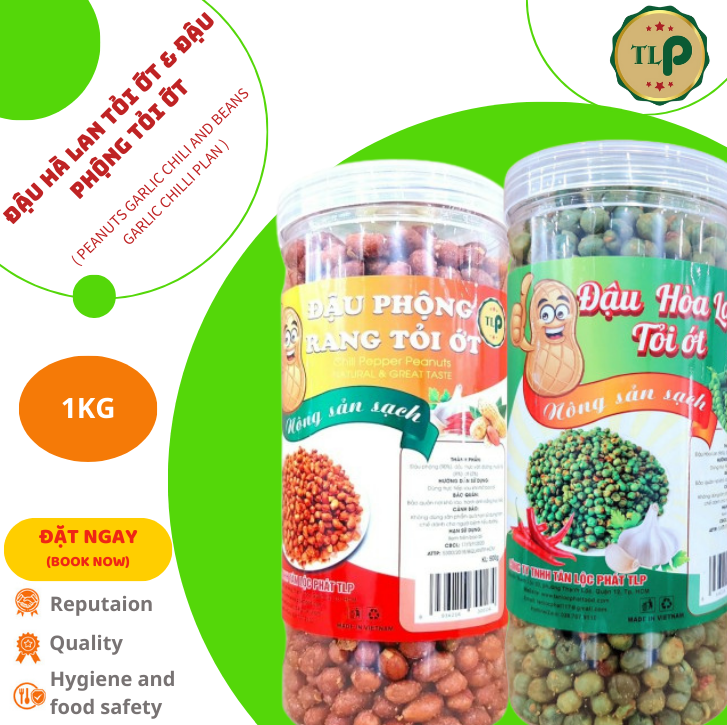 Đậu phộng tỏi ớt và đậu hà lan tỏi ớt tân lộc phát combo 2 hũ - mỗi hũ 500g