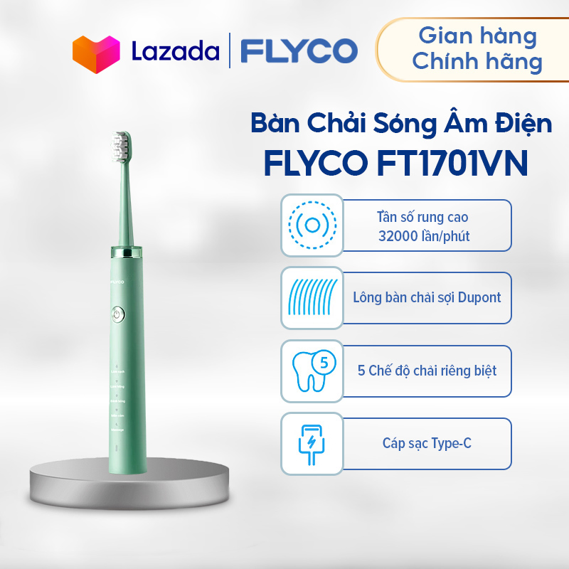 Bàn Chải Sóng Âm Điện Flyco FT1701VN - Kháng Nước IPX7 - Lông Bàn Chải Dupont Làm Sạch Sâu và Bảo Vệ Nướu - 5 Chế Độ Làm Sạch Chuẩn Nha Khoa - Hàng Chính Hãng