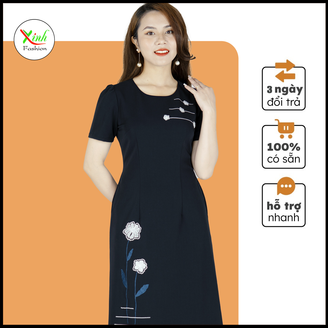 Đầm suông a hoa thêu xanh đen dl875