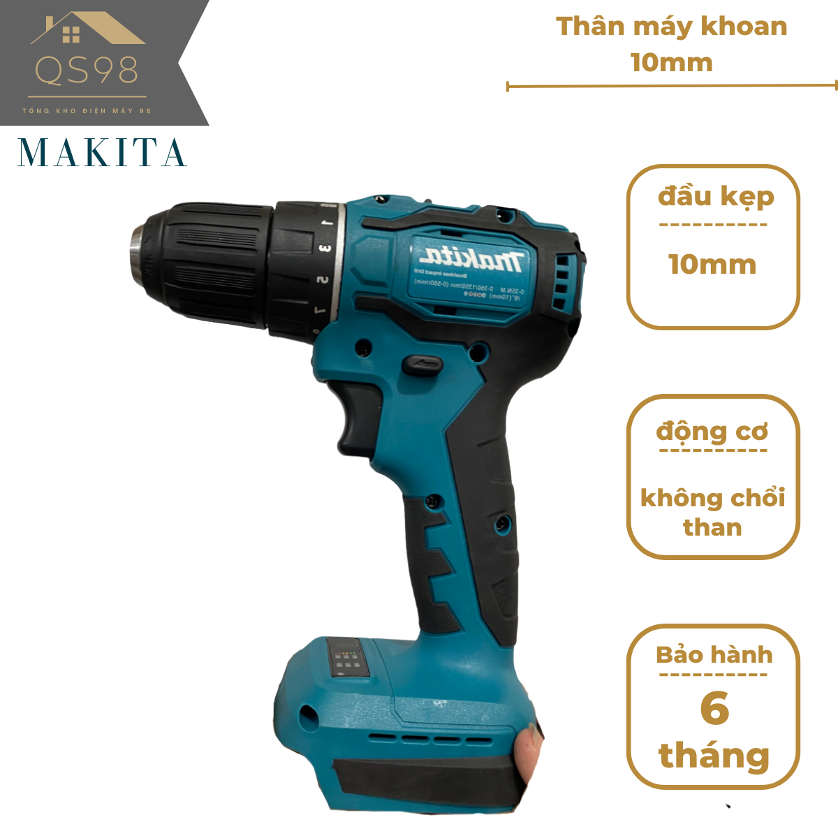 Thân máy khoan pin makita đầu kẹp mũi khoan 10mm autolock động cơ không chổi than chân pin phổ thông