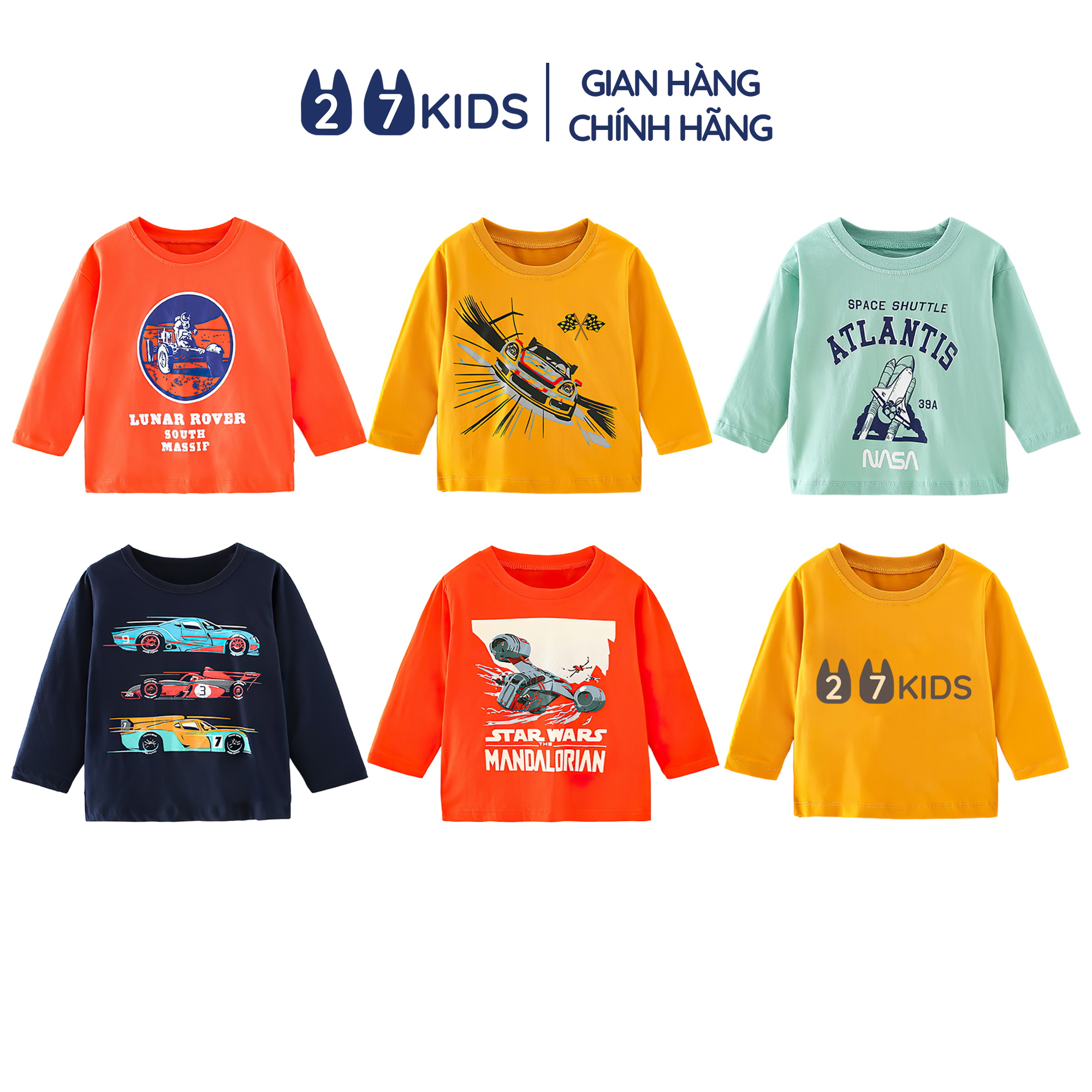 Áo thun dài tay bé trai 27Kids Forest Kingdom áo thu đông nam 100% Cotton cho trẻ từ 2-10 tuổi BLTS11