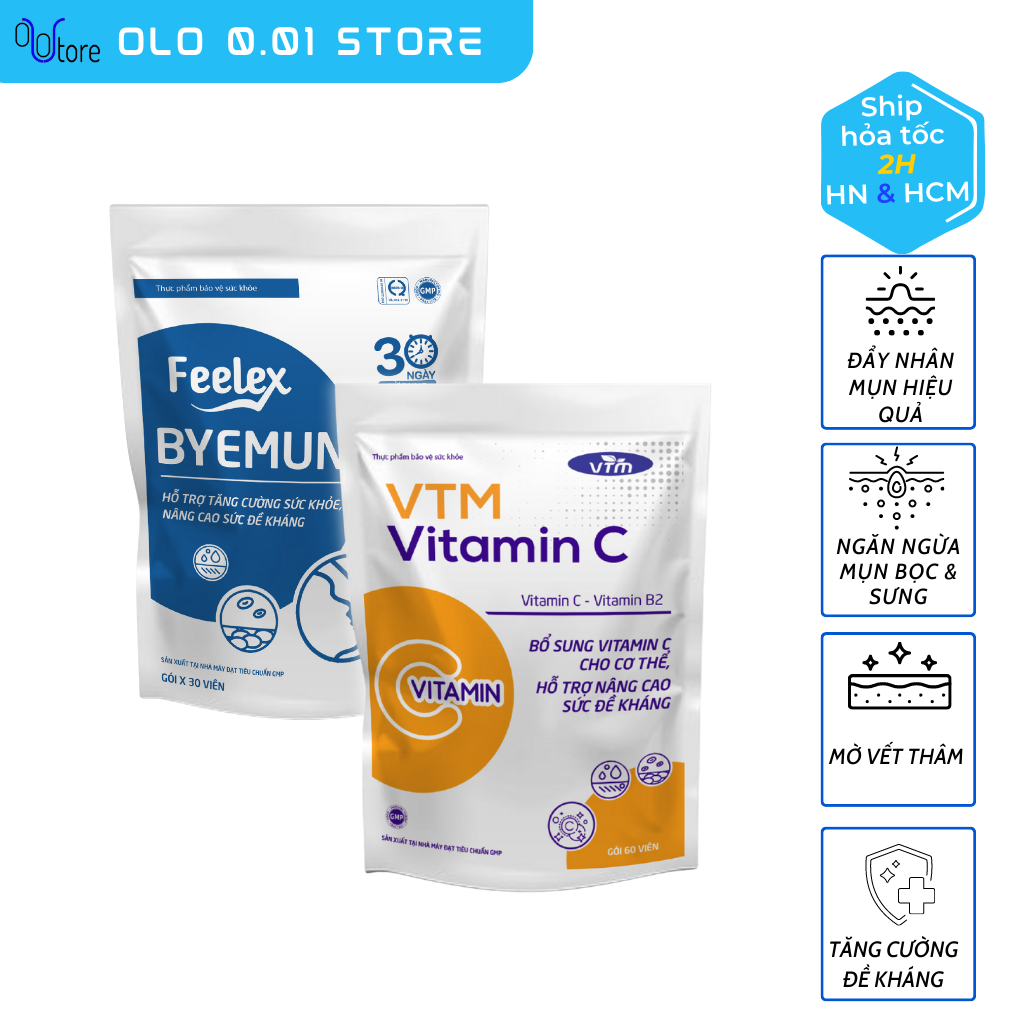 Combo Viên uống Feelex Ngừa mụn - Mờ thâm 30 Ngày Byemun 30 viên & Vitamin