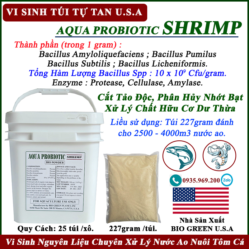 Men vi sinh cắt tảo, phân hủy nhớt bạt bio shrimp, men vi sinh xử lý nước ao nuôi tôm cá. gói 227gram