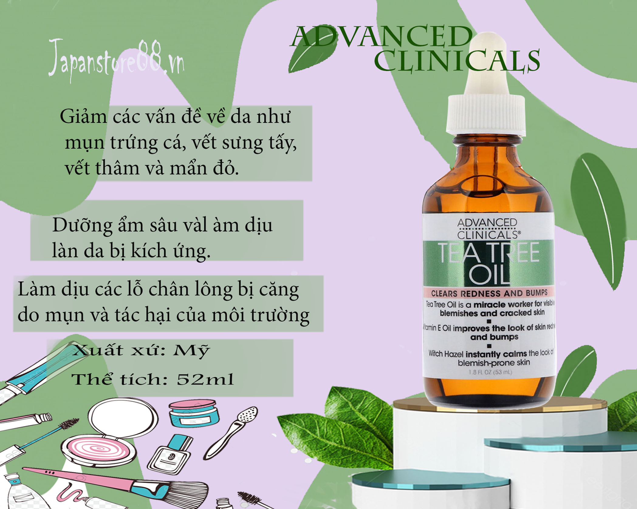 [MỸ] Serum Advanced Clinicals, Tea Tree Oil, 1.8 fl oz (53 ml)