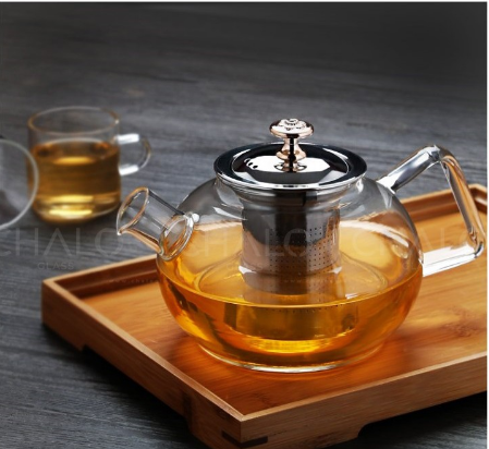 Bình trà thủy tinh chịu nhiệt dáng tròn nắp và lọc trà inox 1000ml, bình thuỷ tinh đựng nước gia đình, bình pha trà