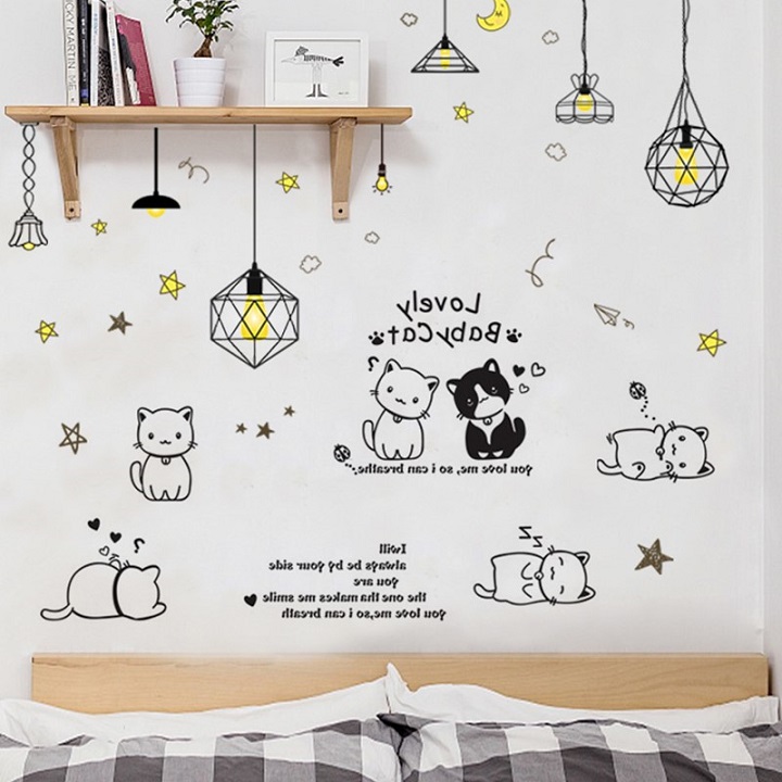 Decal dán tường Mèo xinh và đèn trăng vàng