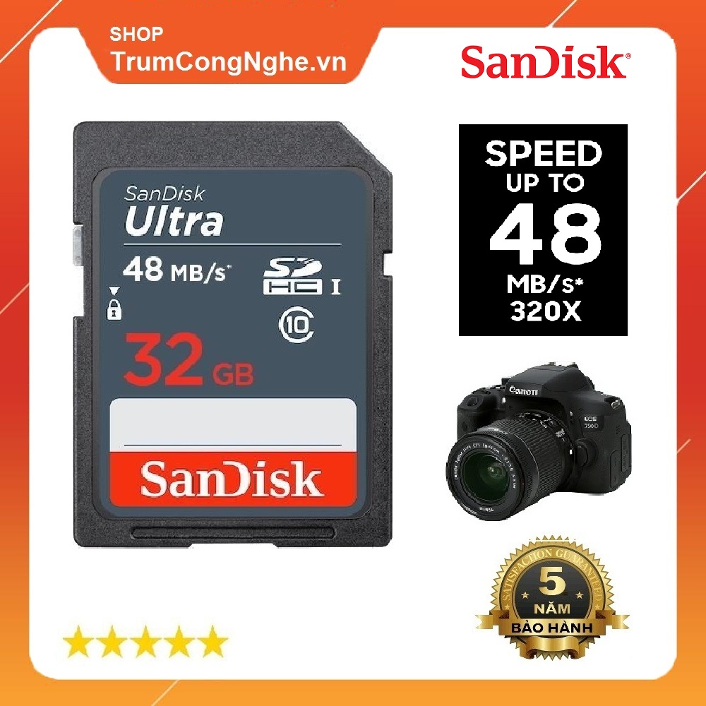 Thẻ nhớ Máy Ảnh SD Sandisk Ultra 320x 32GB Class 10 UHS-I 48MB/s (Xám)