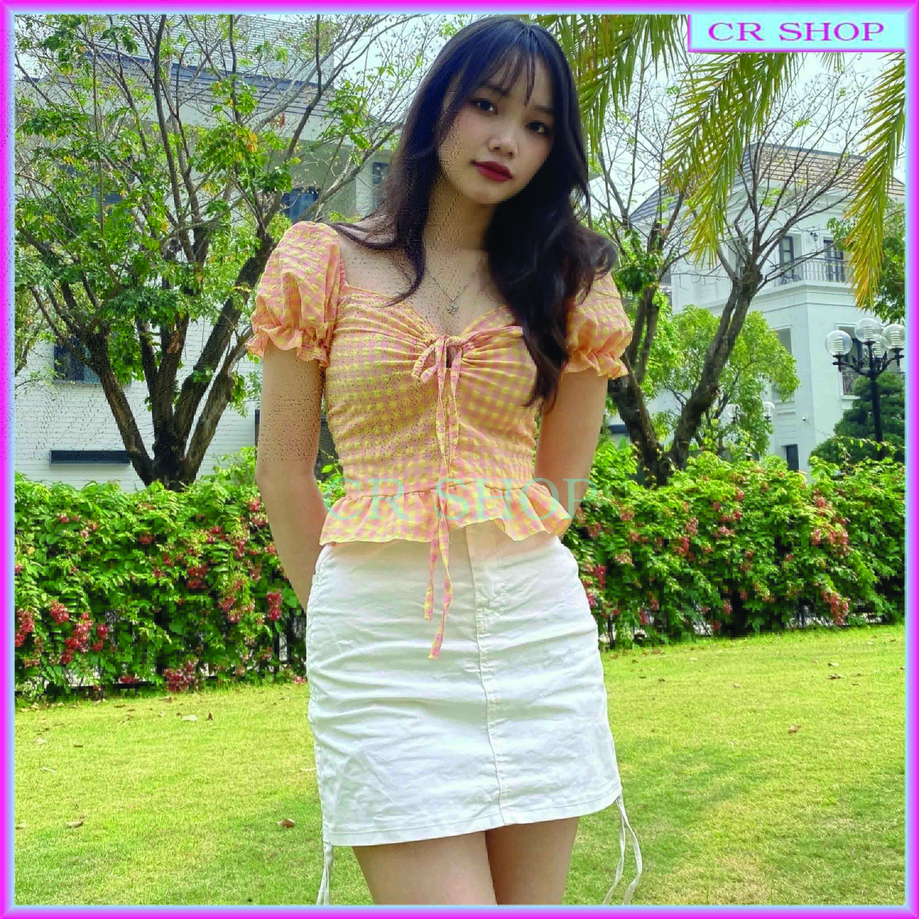 Áo nữ kiểu cổ vuông tay phồng croptop CRSHOP sọc caro vuông xu hướng hè 2022