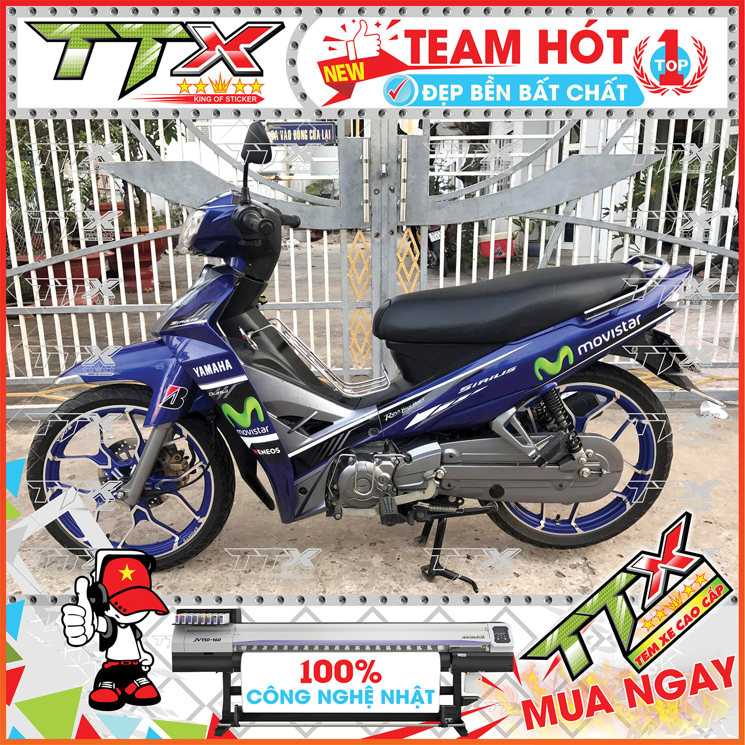 Tem rời sirius movistar , Team chế sirius dán xe màu xanh nền đen tuyệt đẹp , Shop TTX Tem xe sirius