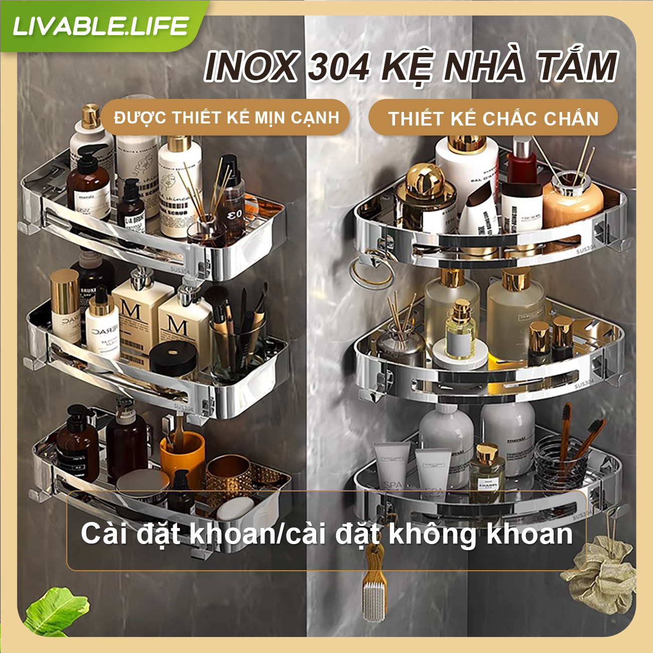 Kệ Góc Tường Giá Nhà Bếp Kệ Góc Nhà Tắm kệ inox dán tường đa năng không cần khoan