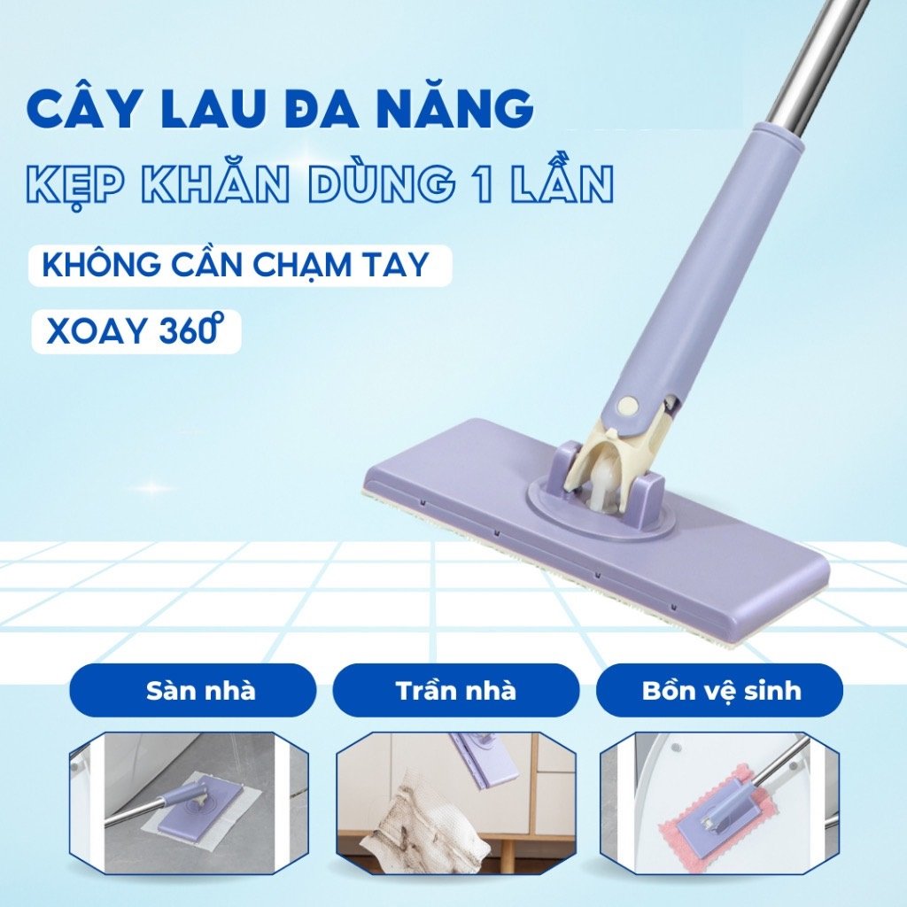 Cây Lau Nhà Kẹp Khăn Thông Minh 360 Độ - Cây Lau Nhà Tự Gắp Giấy Dùng 1 Lần, cây lau nhà, cây lau nhà kèm mâm inox, chổi lau nhà, dụng cụ lau nhà