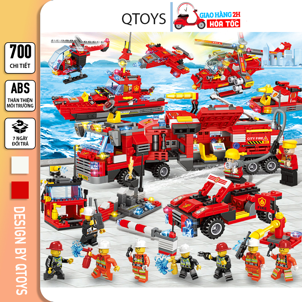 Bộ đồ chơi lắp ráp lego xe cảnh sát cứu hỏa 700 chi tiết, xếp hình lego máy bay trực thăng đồ chơi cho bé