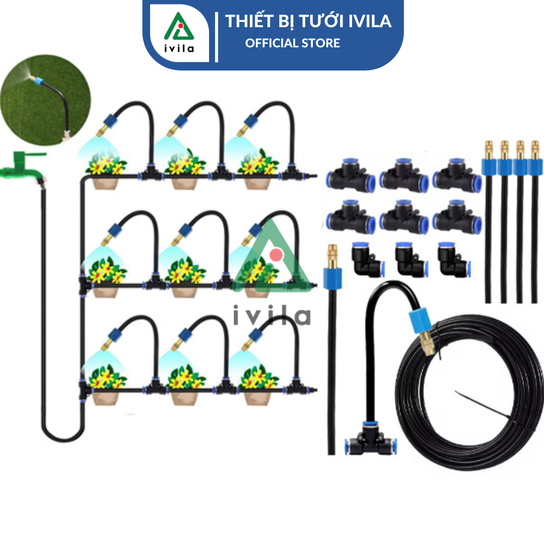 Bộ kit tưới phun sương dây PE lõi nhôm 8mm uốn cong kèm béc phun sương 1 cửa cam/đồng, Bộ phun sương tưới cây, phun sương làm mát, béc phun sương