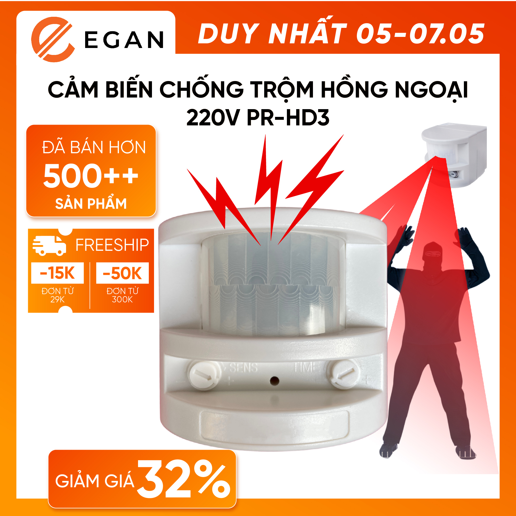 Cảm biến chống trộm hồng ngoại 220V PR-HD3 - Âm thanh báo động lớn, phát hiện chuyển động và điều chỉnh được độ nhạy cũng như thời gian báo động