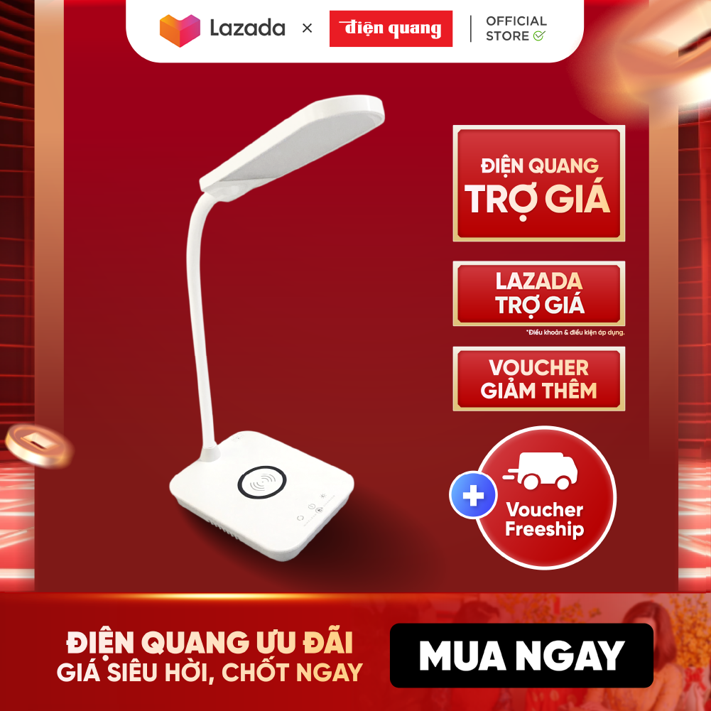 [Móp hộp - Bảo hành 12 tháng] Đèn bàn LED Bảo vệ thị lực Điện Quang ĐQ LDL14 WCH 15BL (Tích hợp sạc không dây, 15W, màu đen)