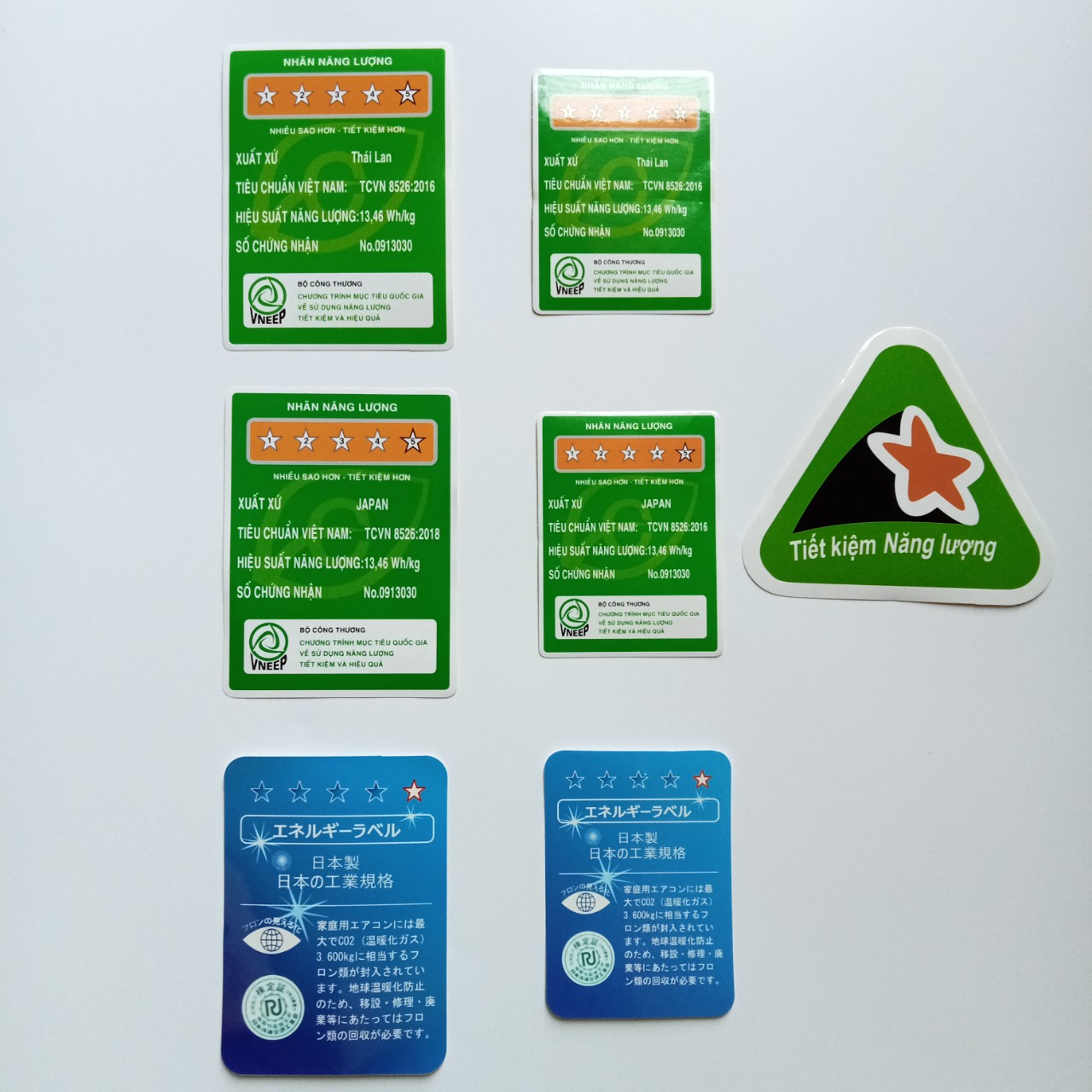 Combo 10 tem dán nhãn năng lượng máy lạnh, tủ lạnh, máy giặt