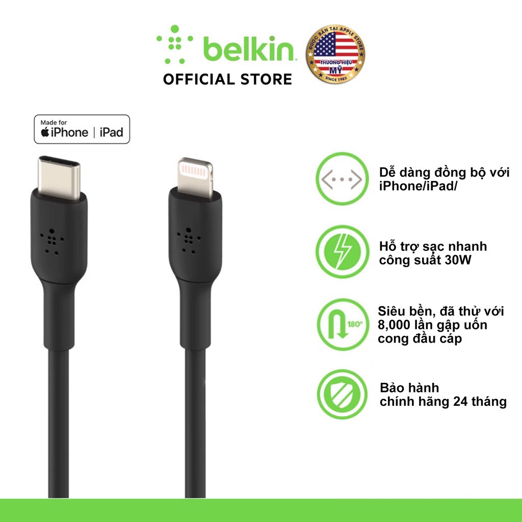 Cáp sạc nhanh belkin usb type c to lightning boost↑charge 30w vỏ nhựa, chứng chỉ mfi, siêu bền, bảo hành 24 tháng - hàng chính hãng