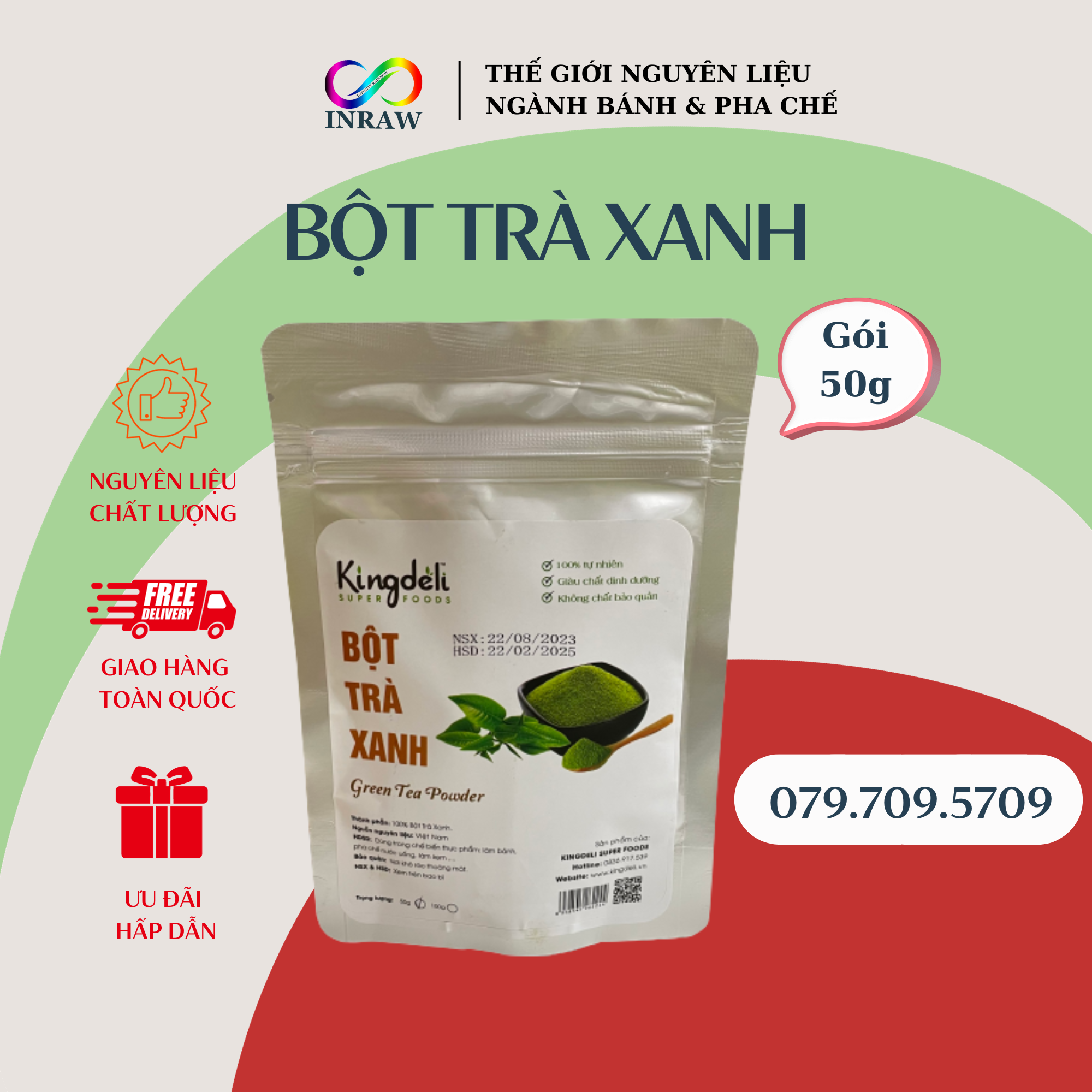 Bột Trà Xanh Nguyên Chất Kingdeli Gói 50gr