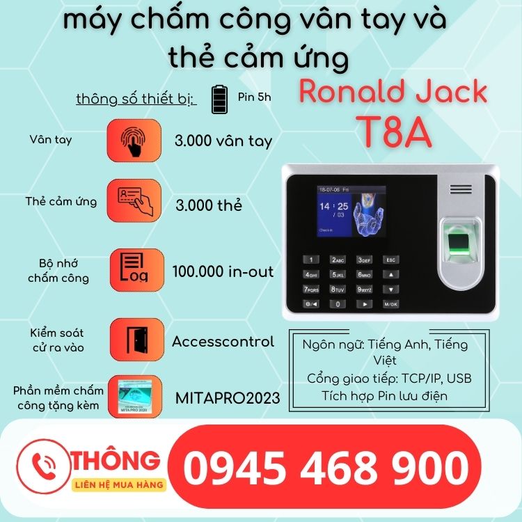 Máy chấm công vân tay t8a mới 100%