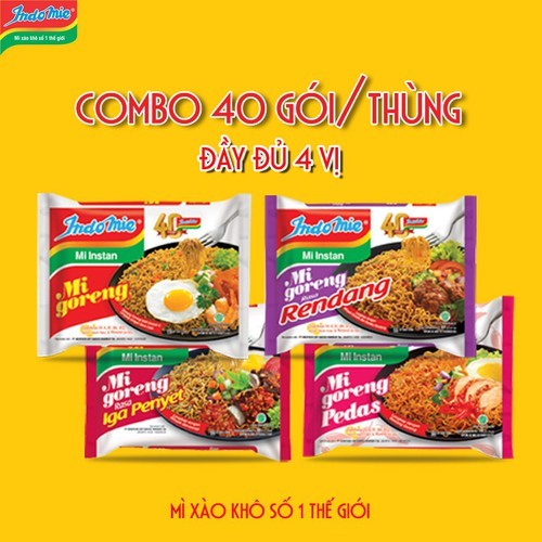 Thùng 40 Gói Mỳ xào khô / Mì Trộn Indomie Đủ Vị: Đặc Biệt, Cay Nồng, Sườn, Bò Cay, gà giòn cay