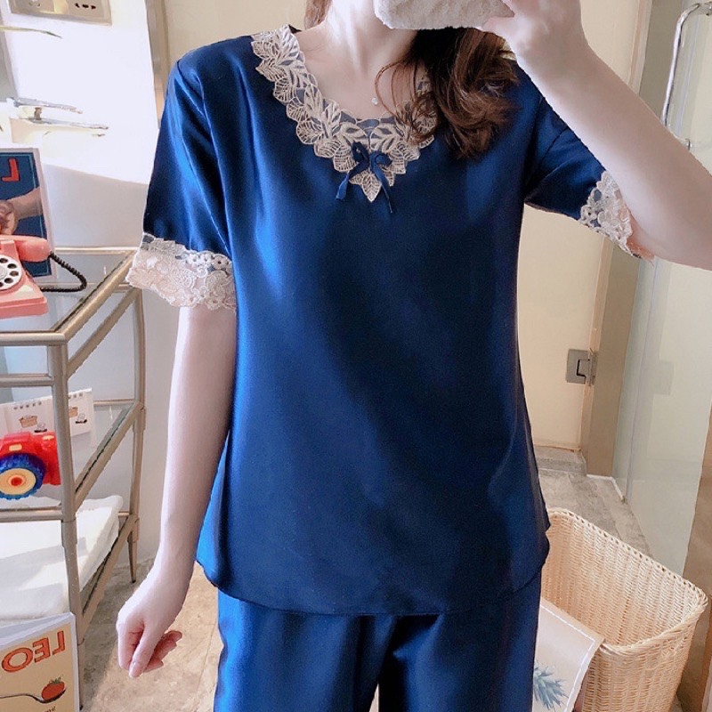Đồ ngủ lụa phối ren sang trọng, Bộ mặc nhà trung niên, pyjama lửng nữ, Pijama lụa ren sang trọng, quý phái nữ