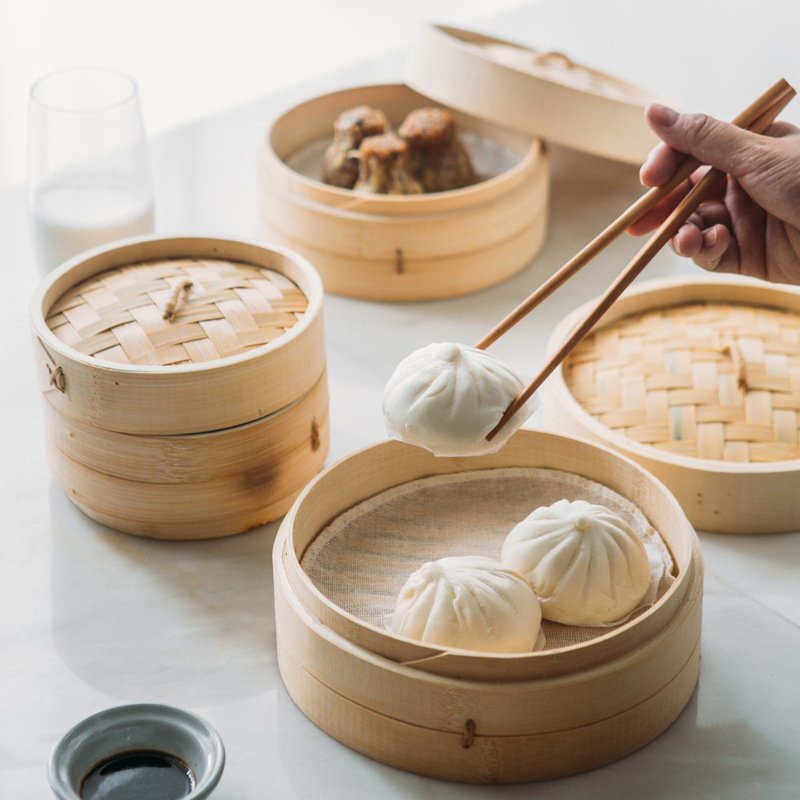 Xửng hấp tre đa năng, lồng hấp có nắp dùng cho bánh bao, há cảo, các món hấp an toàn, tiện lợi