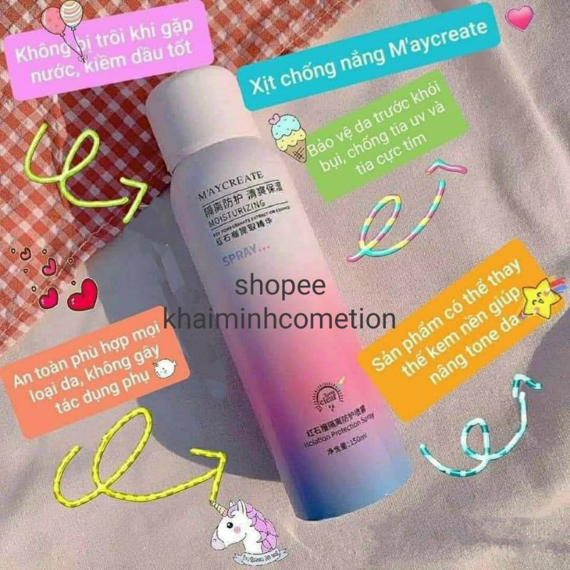 [SALE SỐC] TẶNG KÈM QUÀ Xịt chống nắng maycreate nâng tông da 150 ml sẵn sll chống nước #domakuptrangdiem