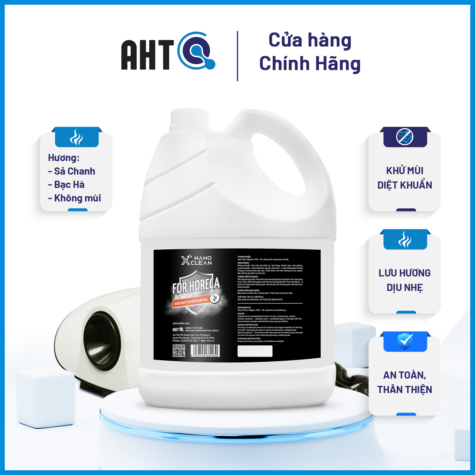 Dung dịch tạo khói Nano Xclean For Horeca 5 Lít/4 Lít-Diệt Khuẩn Khử Mùi Không Gian nhà hàng, karaoke, Khử mùi hôi, mùi mốc, mùi bếp, Khử mùi làm sạch bồn cầu-Nano Bạc AHT Corp (AHTC)