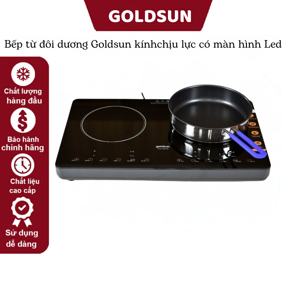 Bếp từ đôi dương Goldsun - GDI7402, chất liệu mặt kínhchịu lực có màn hình Led nhạy cảm ứng thông minh, Bảo hành 24 tháng