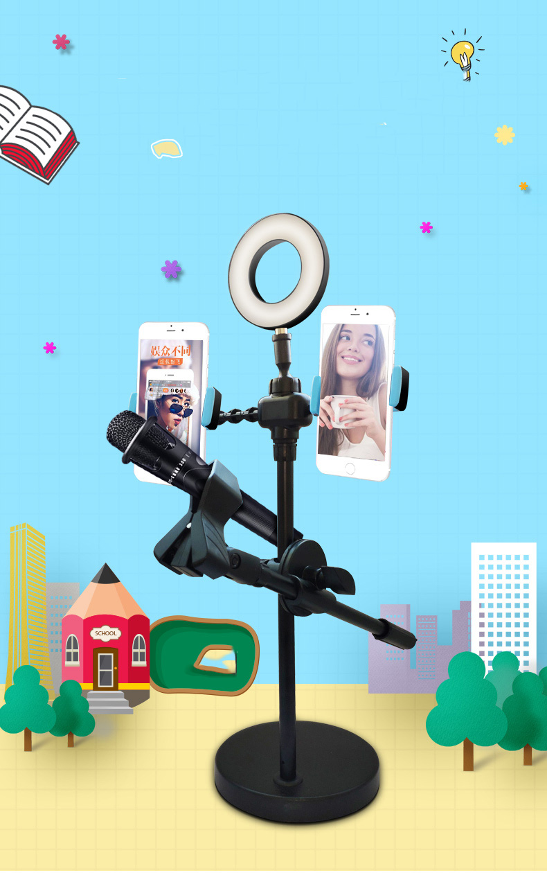 Bộ kẹp điện thoại và mic tích hợp đèn led livestream 4 trong 1. Kẹp được 2 điện thoại + mic + Đèn Led hắt sáng 3 chế độ màu có tăng giảm độ sáng tiện lợi