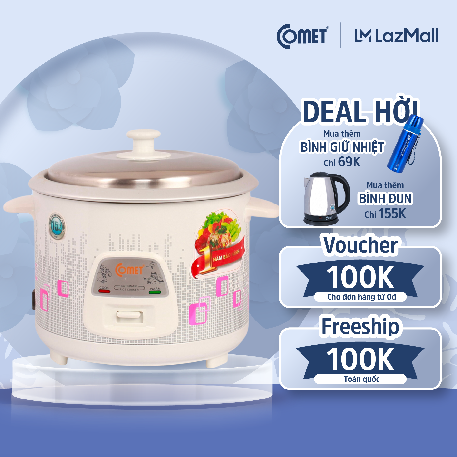 Nồi cơm điện nắp rời 1.8l comet - cm8019 - hàng chính hãng - bảo hành 12 tháng