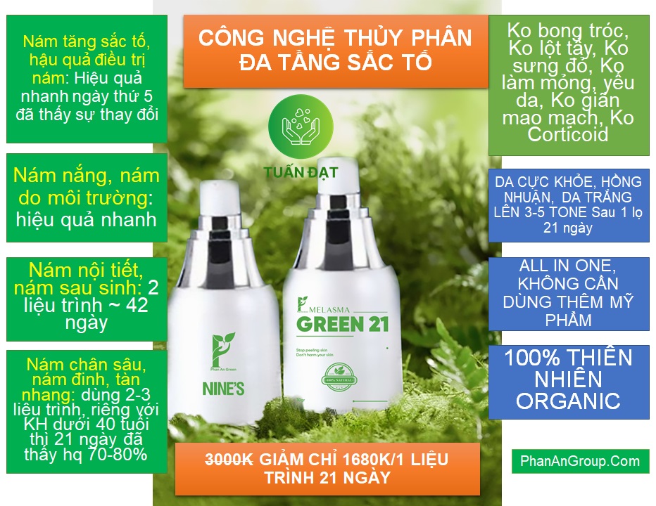 Tinh chất Nám Melasma Green 21 hỗ trợ trị nám, mờ nám sau 21 ngày, làm trắng da, trẻ hóa da, tăng độ đàn hồi cho da Không bong tróc Không lột tẩy Không Sưng đỏ Không làm mỏng và yếu da 100% thiên nhiên organic Nine's Beauty Tuấn Đạt