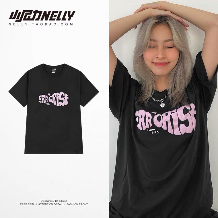 Áo thun đen nelly heybig tay lỡ chất cotton co dãn in chữ errorist cá tính basic dáng rộng unisex chính hãng