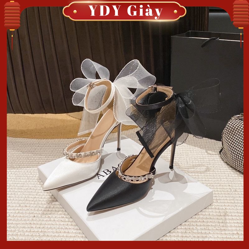 Giày cao gót mũi nhọn đính đá phối nơ xinh xắn dành cho nữ 8p
