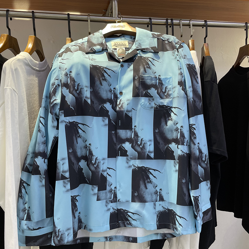 Màu Xanh Mùa Thu Mới Wacko Maria Người Đàn Ông Áo Sơ Mi Ca Hát Rock Chân Dung In Chất Lượng Cao Dài Tay Áo Áo Sơ Mi Marley Cùng Một Phong Cách