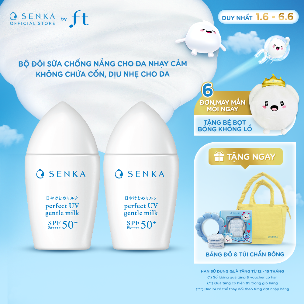 Bộ 02 Kem chống nắng Không Cồn cho da nhạy cảm dạng sữa Senka Perfect UV Gentle Milk 40ml