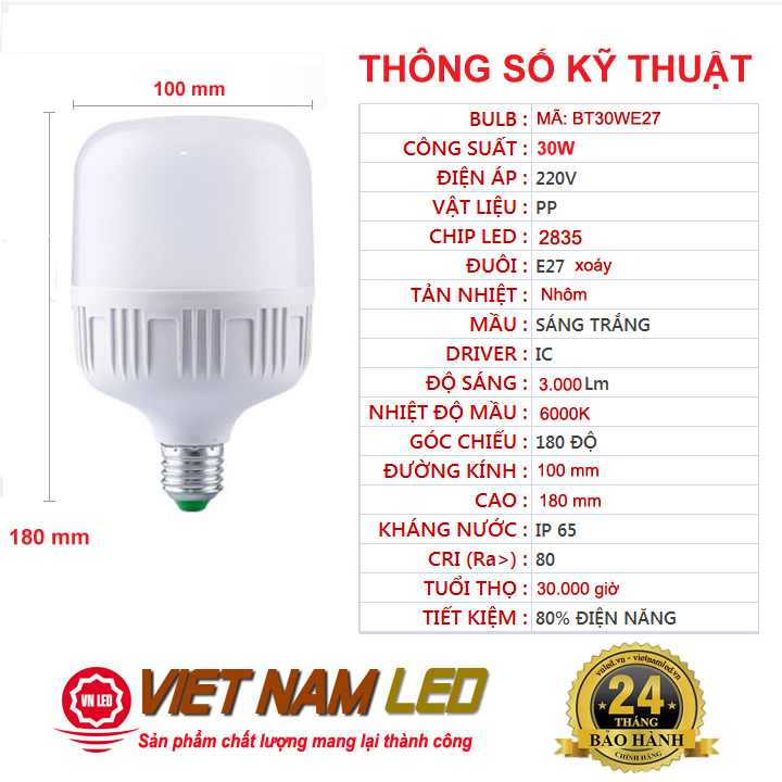 Bóng đèn Led trụ 30W đuôi xoáy E27 sáng trắng, vnled, vietnamled, 0936395395