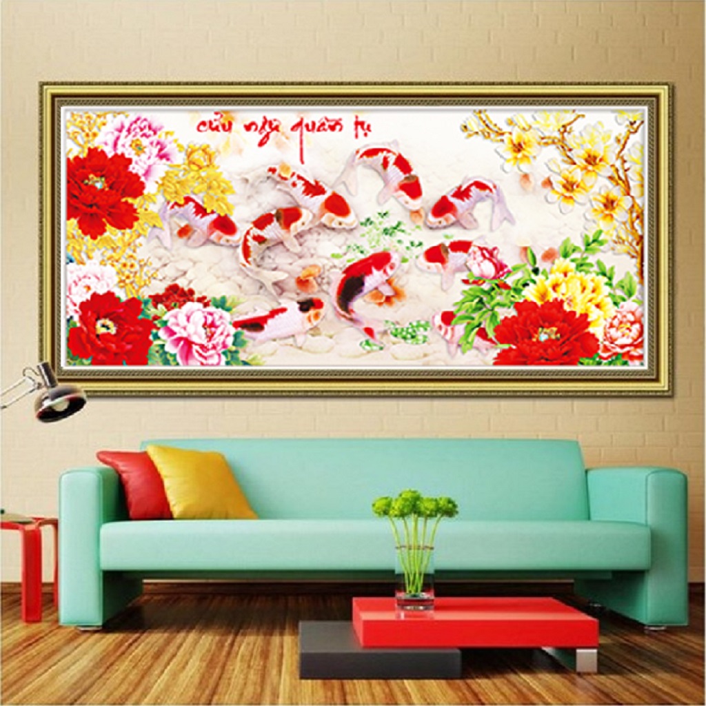 Tranh đính đá CỬU NGƯ QUẦN HỘI LV127- KT 149*71cm