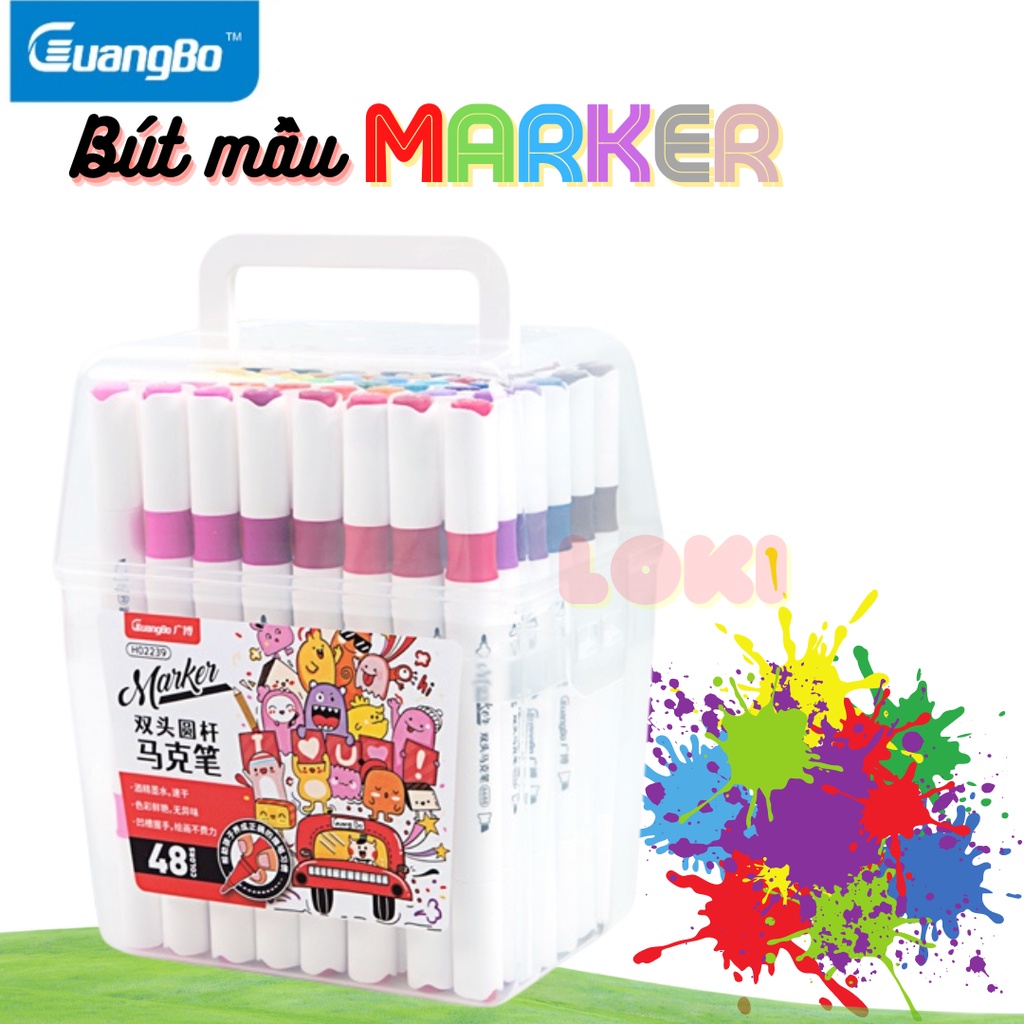Bút màu marker 2 đầu guangbo 12/24/36/48 màu, bút dạ mầu cao cấp hộp nhựa h02236-39 - loki kids