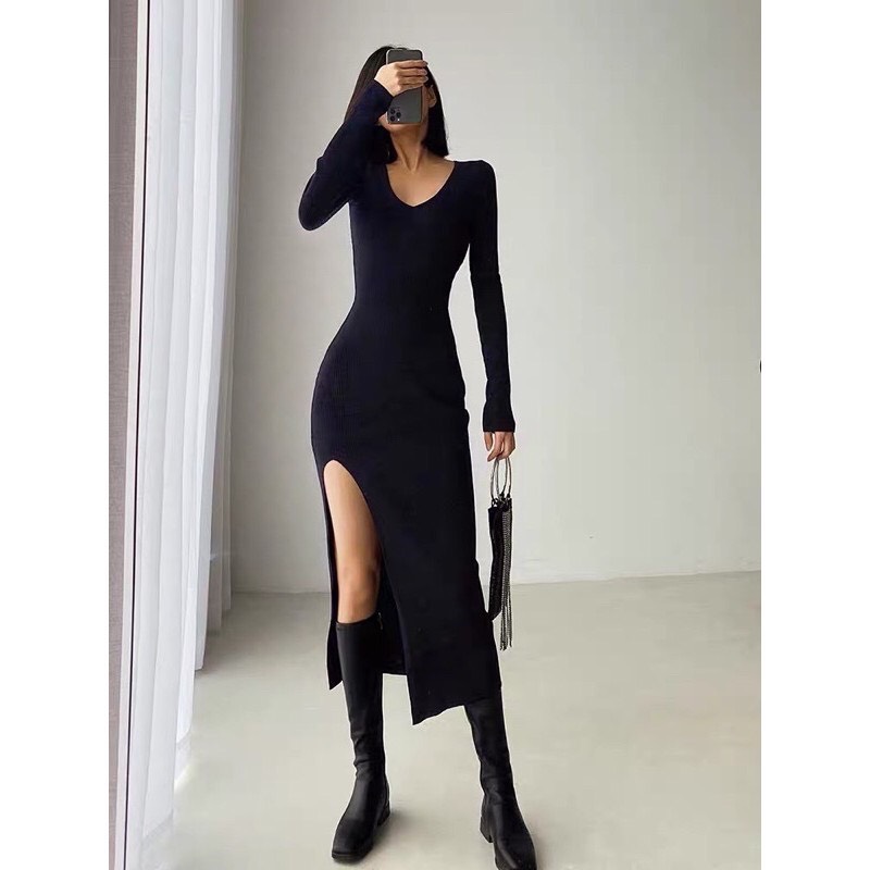 Đầm tay dài cổ tim xẻ một bên SML