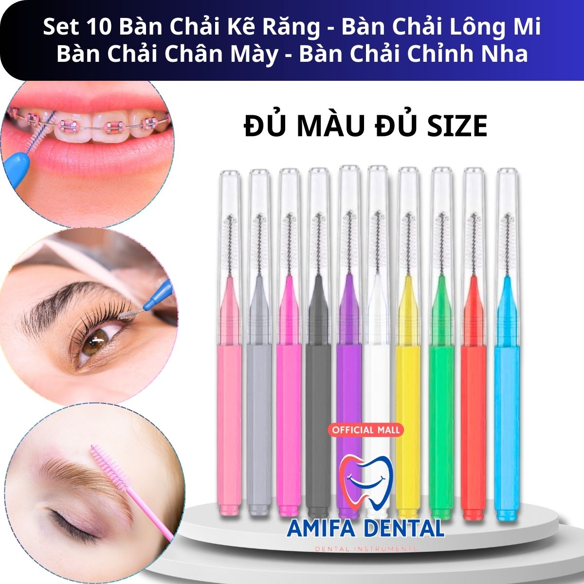 Set 10 Bàn Chải Kẽ Răng Cọ Chải Mi Lược Chải Lông Mày Mini Bàn Chải Chỉnh Nha Chải Uốn Mi Chải Gắn Mi Giả