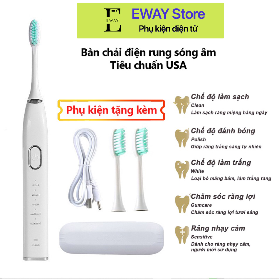 Bàn chải điện rung sóng âm lông bàn chải mềm 3in1, chống nước IPX7 theo tiêu chuẩn USA