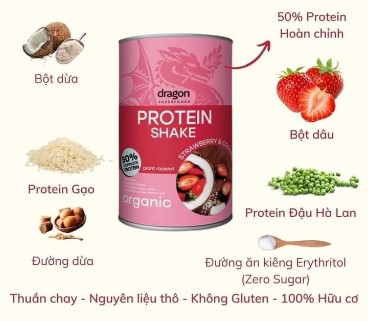 Bột Protein Shake dâu và dừa Dragon Superfoods