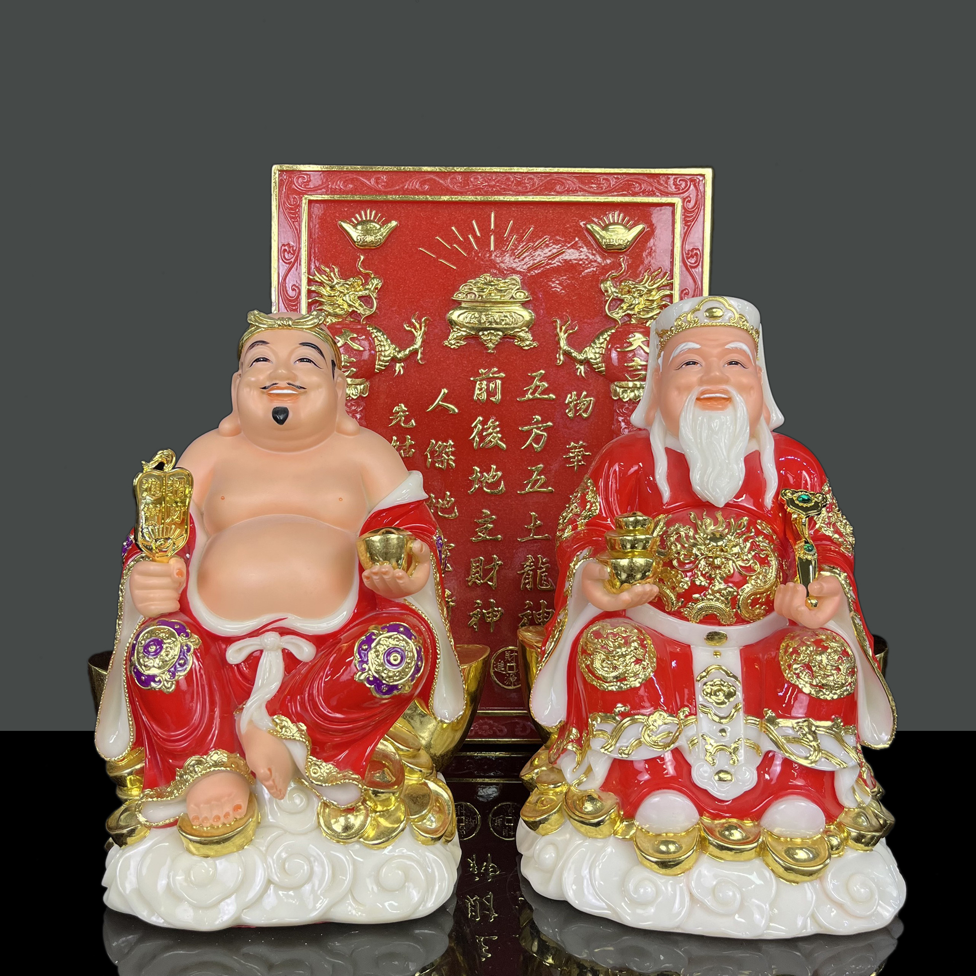 Bộ ông thần tài thổ địa bằng bột đá 1392 áo vàng , áo xanh ， áo đỏ