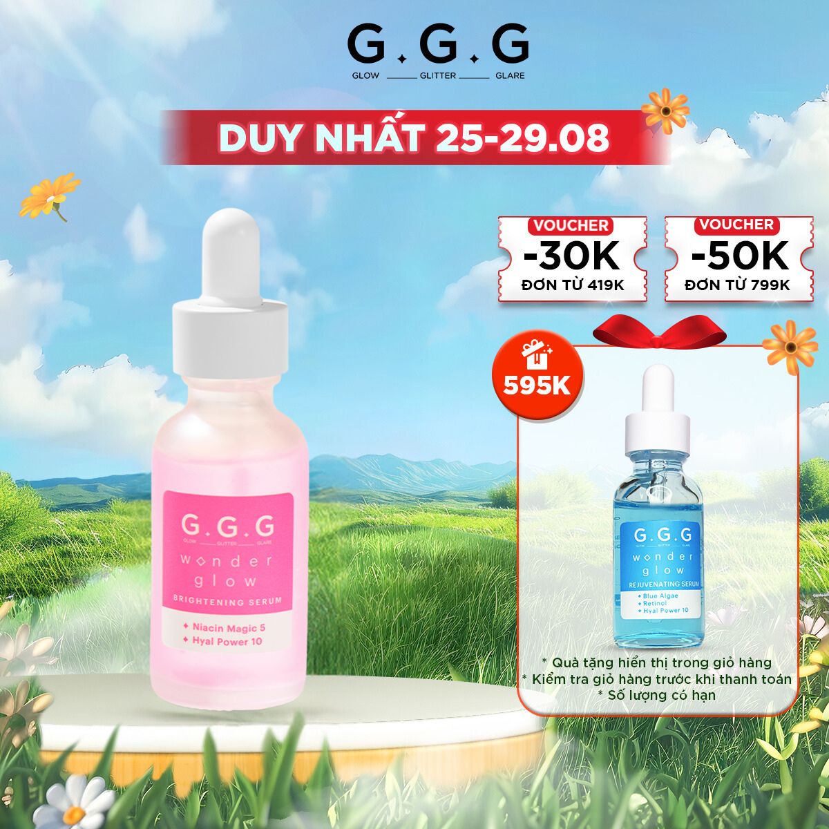 Serum Hồng dưỡng sáng mờ thâm căng bóng da 10% HA, 5% Niacinamide G.G.G Wonder Glow Brightening 30ml