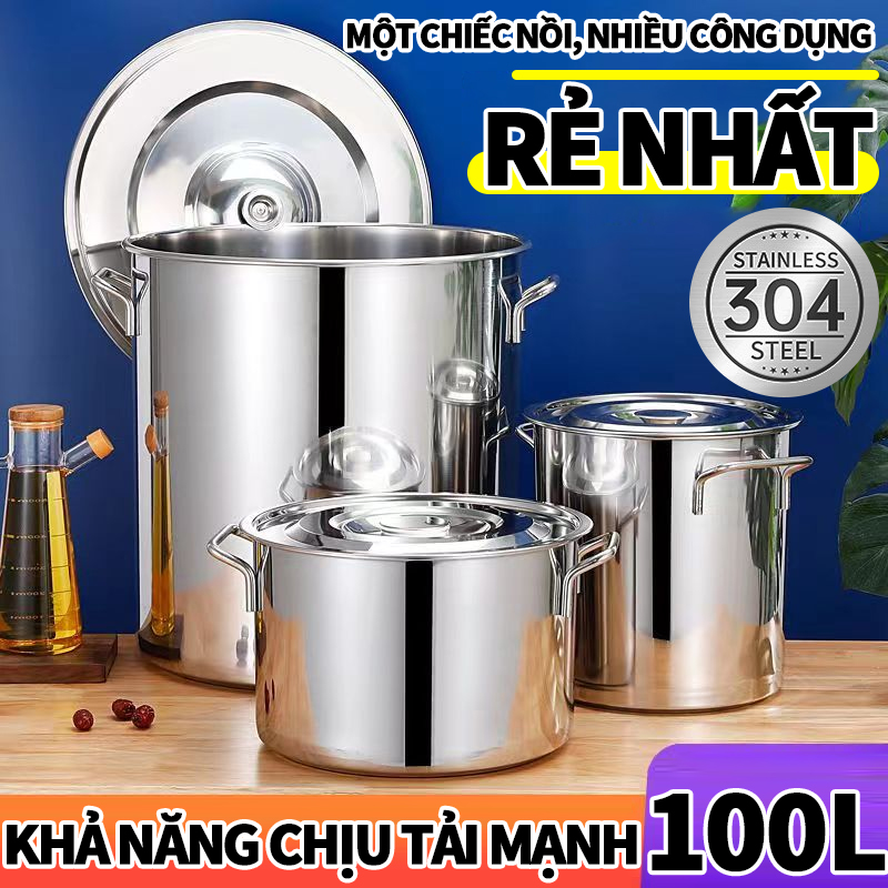 Nồi inox lớn 20l/100l - nồi hầm xương, nấu súp, nấu bánh chưng nồi inox dày có nắp/nồi súp gia đình Nồi inox thương mại