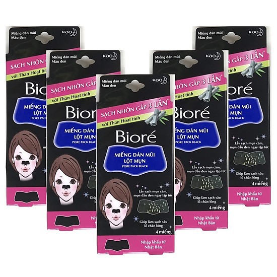 [HCM]Miếng Dán Mũi Lột Mụn Than Hoạt Tính Biore Pore Pack Black dành cho nữ/nam(1 hộp 4 miếng)