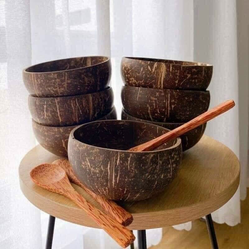 Bát gáo dừa/Chén gáo dừa + Muỗng gỗ dừa được làm từ gáo/gỗ dừa tự nhiên tại Bến Tre